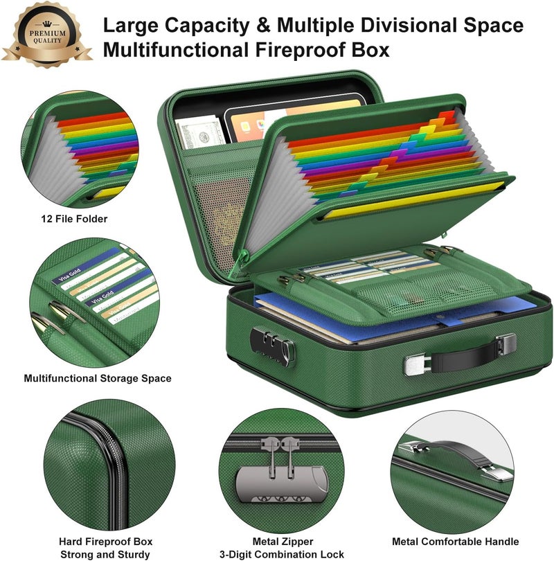 COLCASE Fireproof Document Folder, Hard Fireproof Waterproof Document Box with Lock Creative Hard-Shell Design Fireproof Document Box for Important Documents Certificates Laptop Passports Green - Image 4